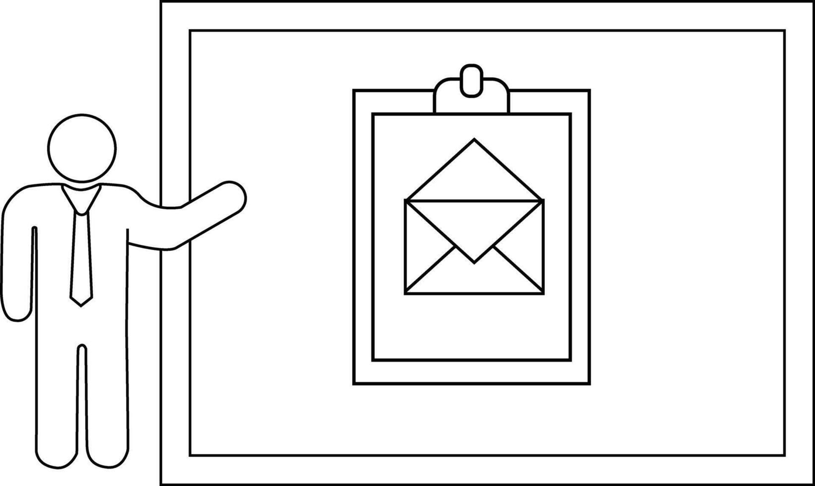 A figure stands pointing at a presentation board displaying an email icon on a clipboard vector
