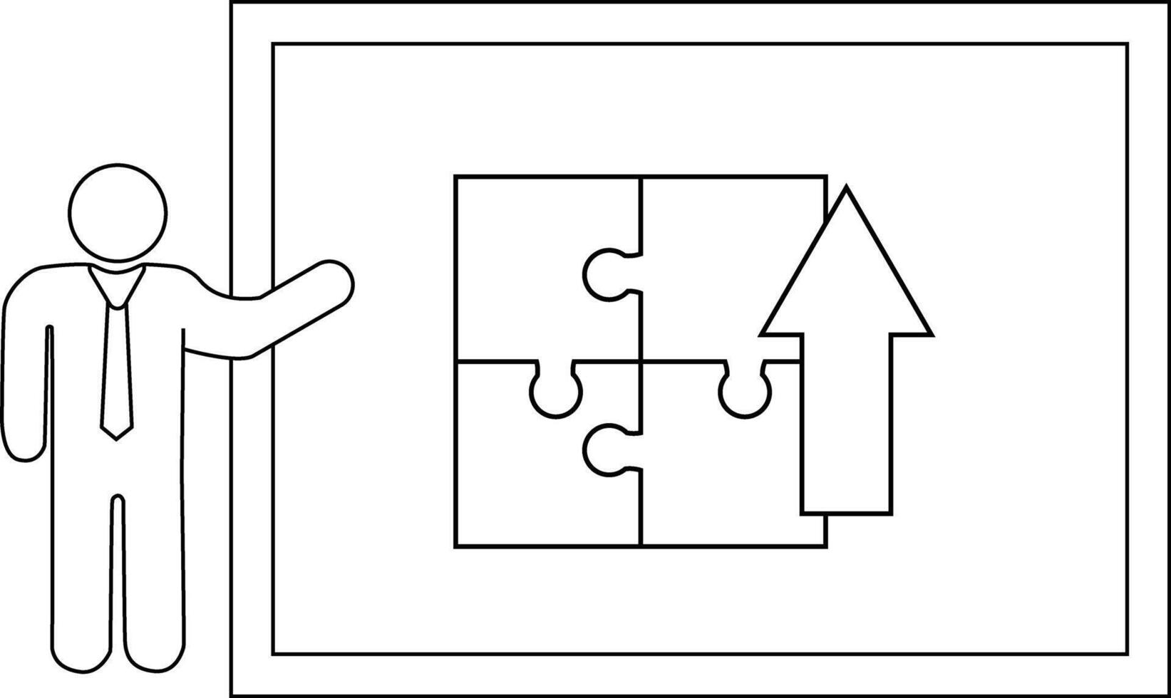 Person presenting a chart with a fourpiece puzzle and an upwardpointing arrow vector