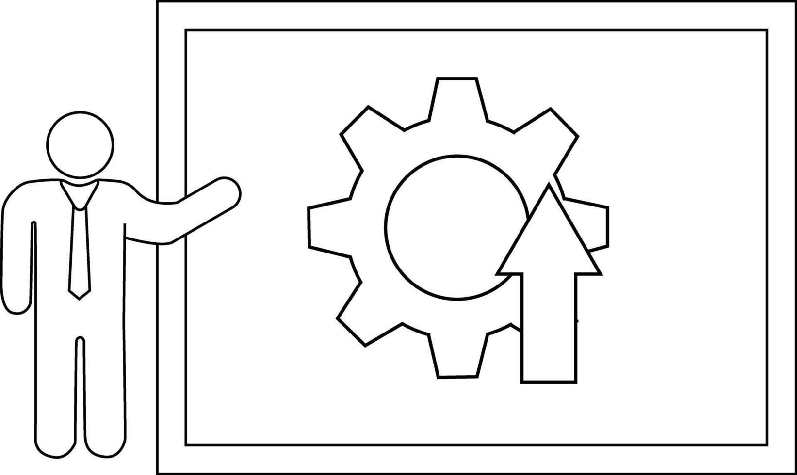 Outline image shows a figure presenting an upgrade symbolised by a cogwheel and upward arrow displayed on a board vector