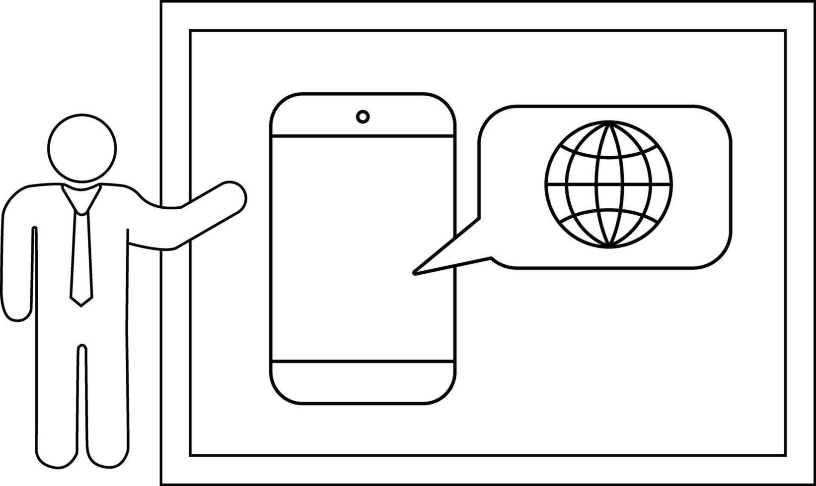 An outline illustration shows a stick figure presenting a cell phone with a globe icon framed in a rectangle vector