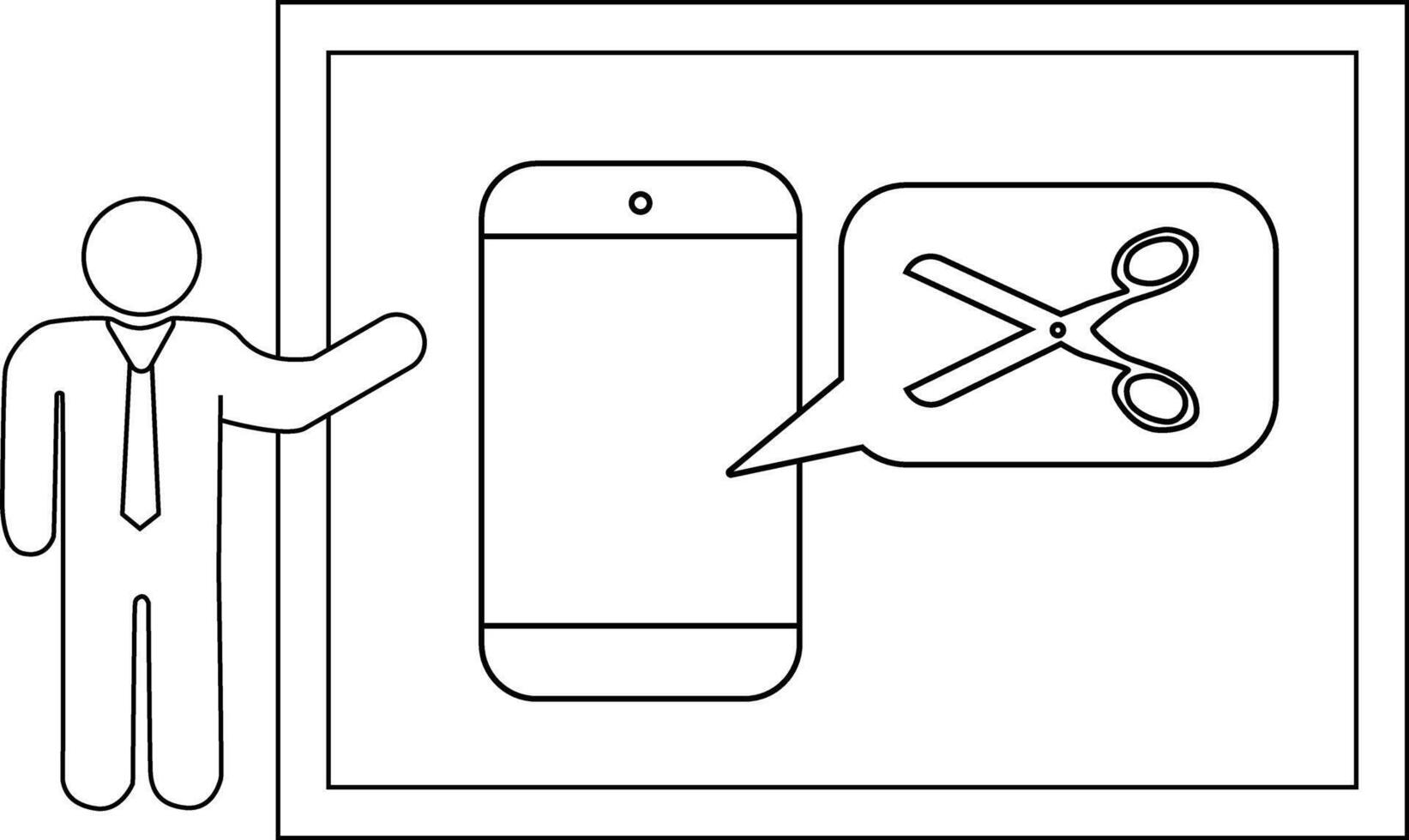 Image displays a phone speech bubble with scissors and a person figure in front of a framed background vector