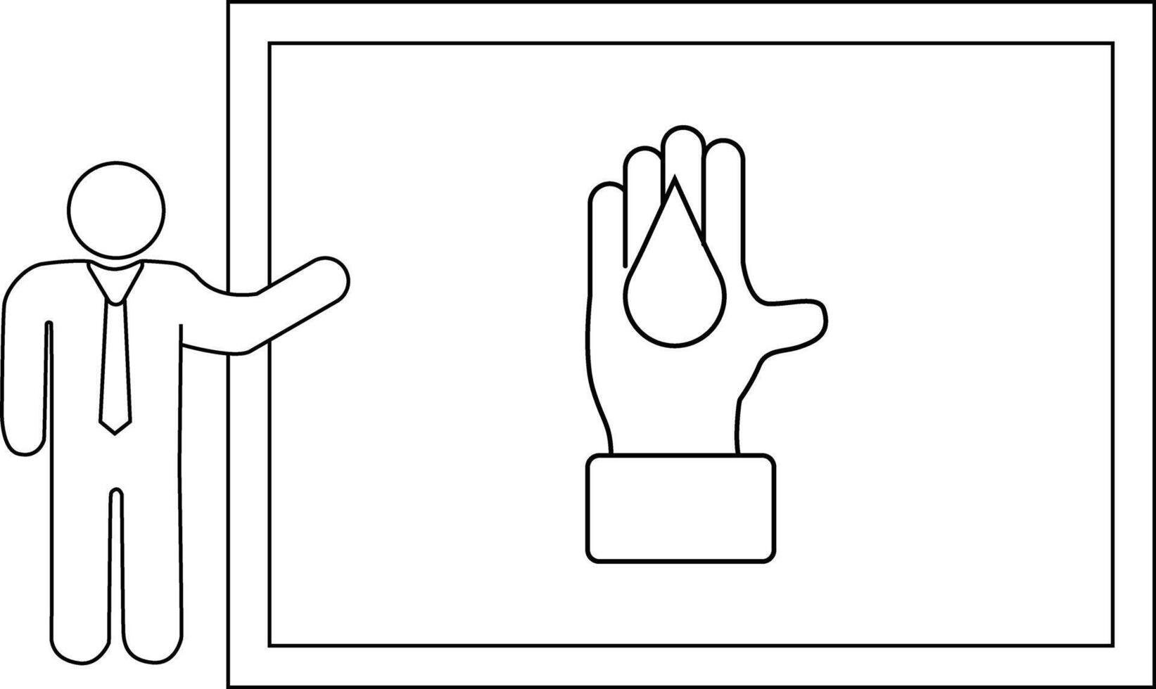 Man presenting a slide of a hand catching a water drop on a framed presentation board vector