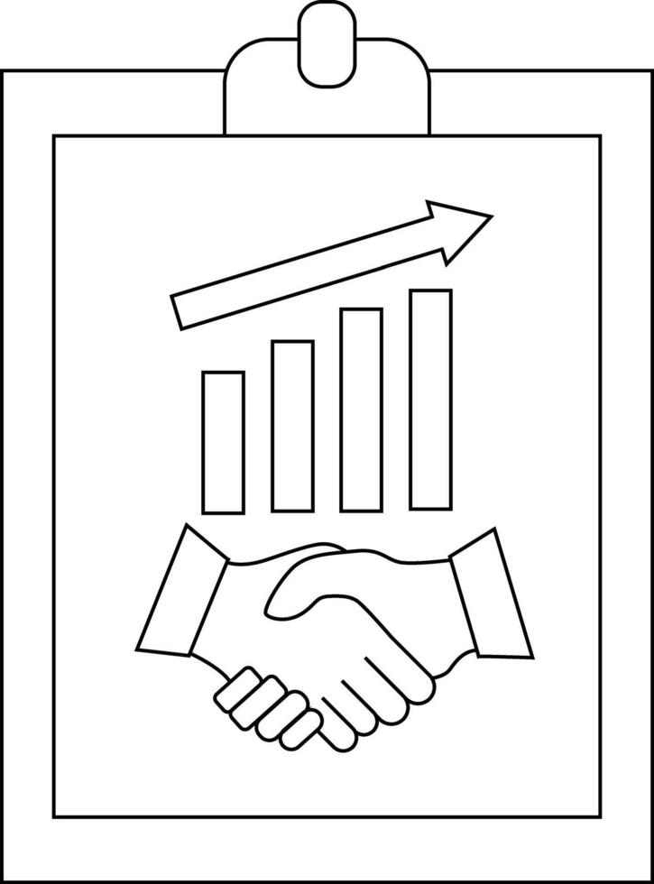 Clipboard art showing a handshake bar chart rising arrow simple line drawing vector