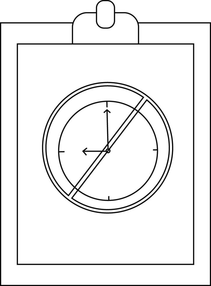 A clipboard displays a round clock face with hands pointing to 12 and 9 crossed by a diagonal line vector