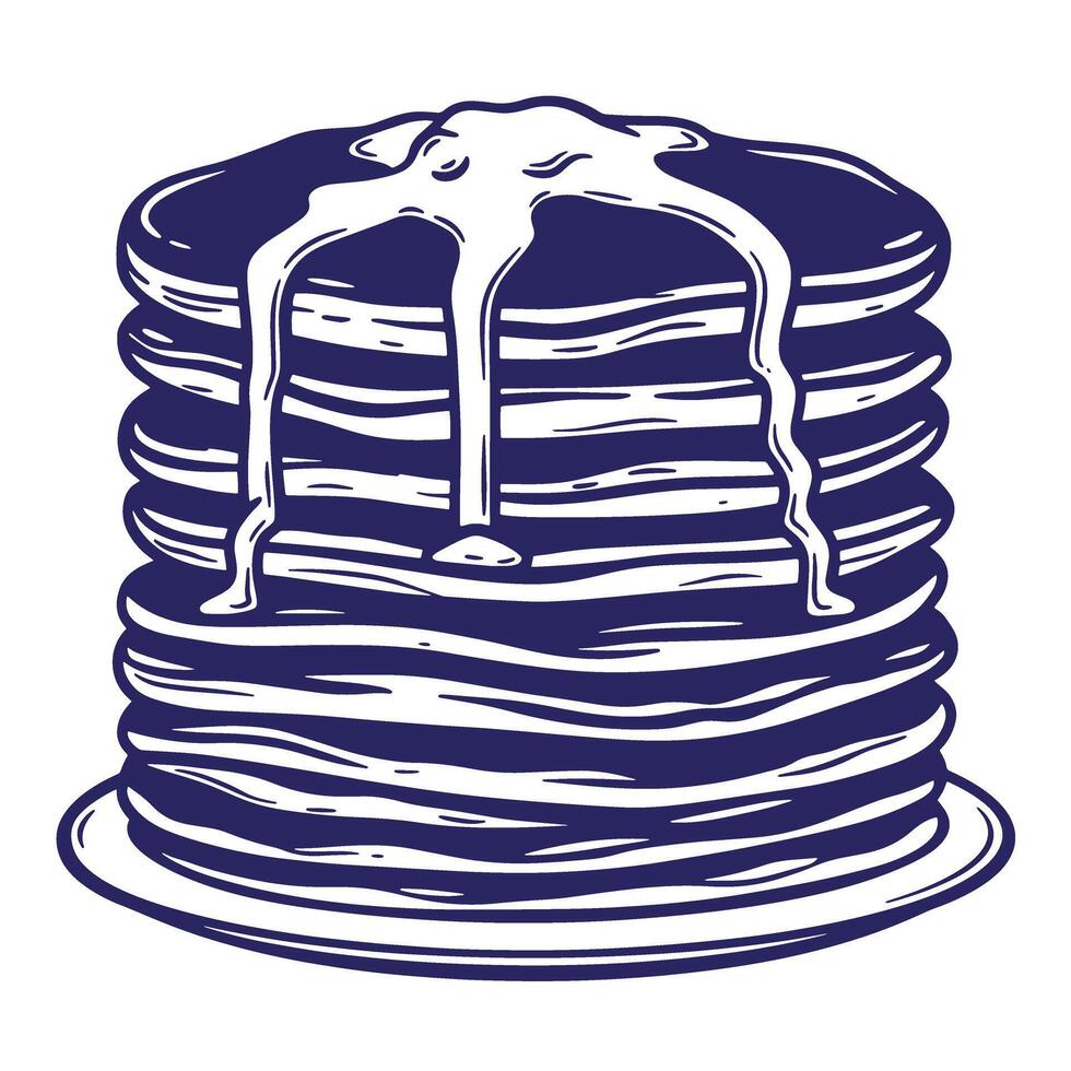 Stack of delicious pancakes with syrup drizzled over in a simple illustration vector