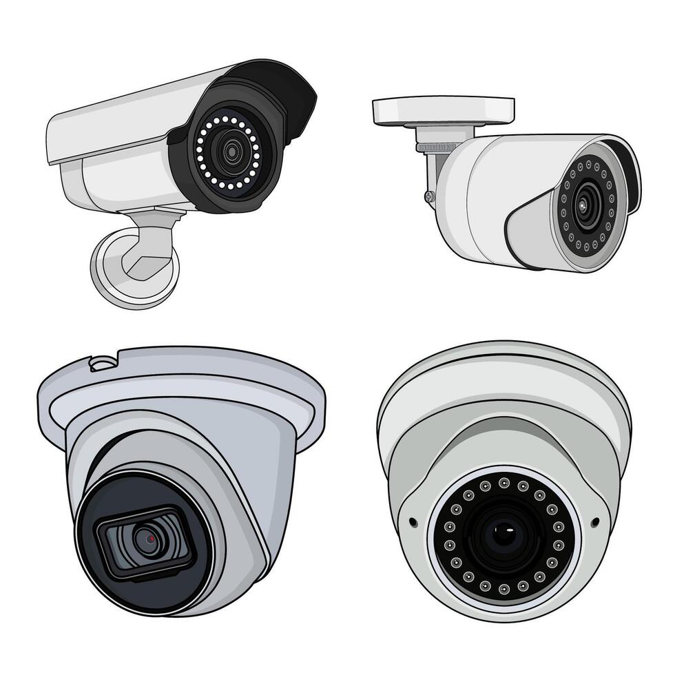 Four different types of security cameras on white background vector