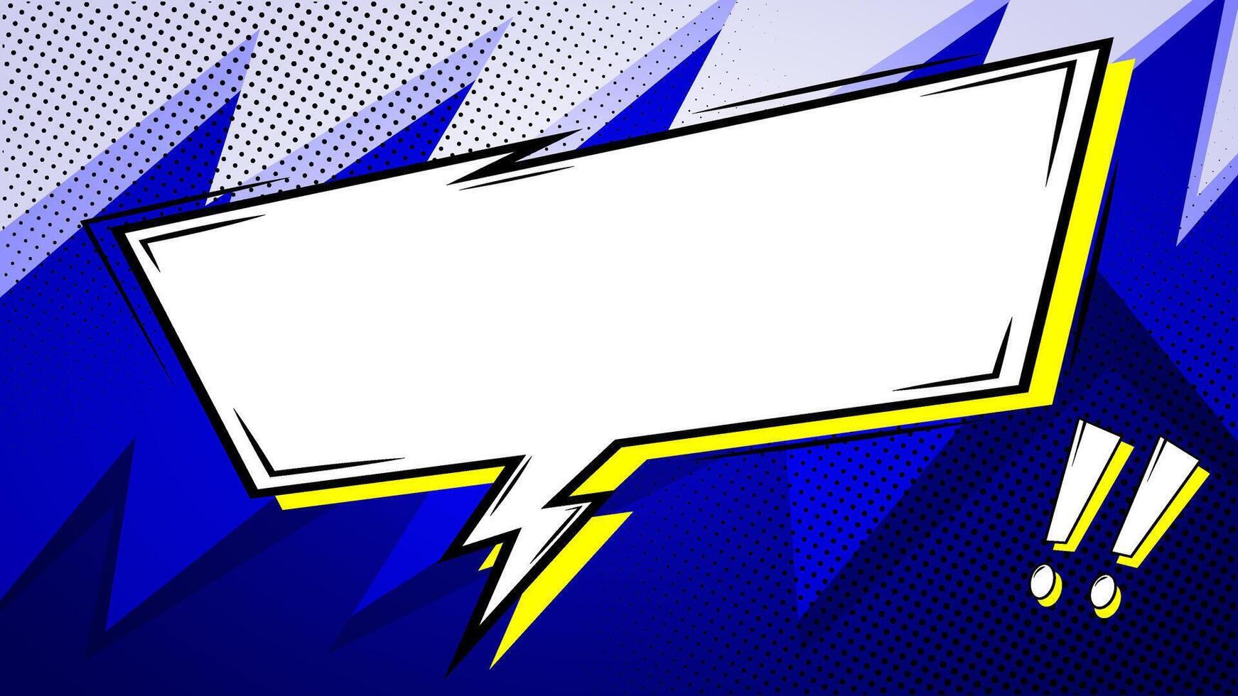 Bold blue comic background with a large white speech bubble, halftone dots, and dynamic lightning-style frame. Perfect for pop art messages, dialogue panels, announcements, and retro graphic designs. vector