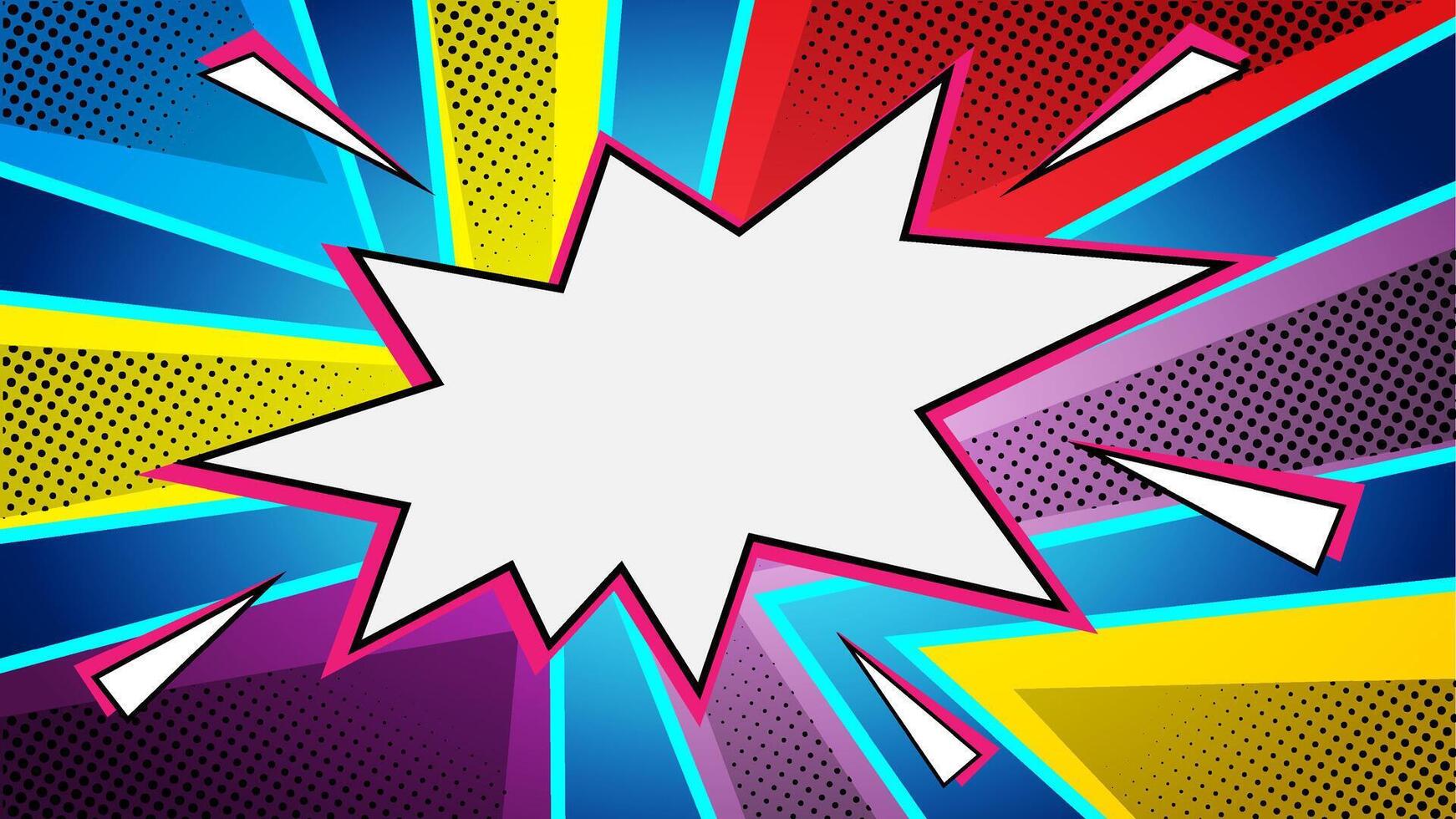 Bold comic style explosion background with a large central speech burst, vibrant rays in multicolor, and halftone dots. Perfect for pop art, superhero themes, and dynamic graphic design vector