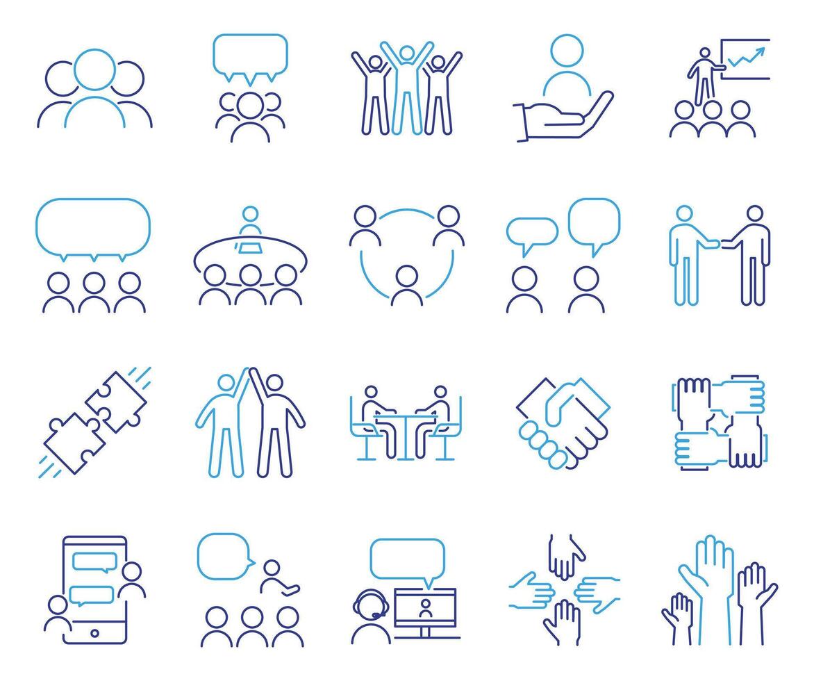 Team unity icon set. Thin line editable stroke icons for collaboration, group discussion, teamwork, communication, meeting, partnership, brainstorming, community support, and collective cooperation. vector