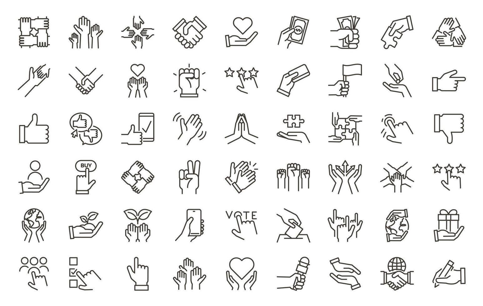 Hand Gestures and Actions Icons Set. Thin Line Graphic Elements for Communication, Collaboration, Business, Partnerships, Teamwork, Inclusion vector