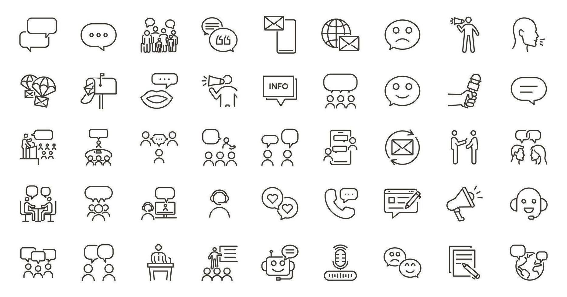 Communication, speaking and talking editable thin line icon set. People interacting, speech bubbles, social interactions, collaboration and multiple communication methods vector