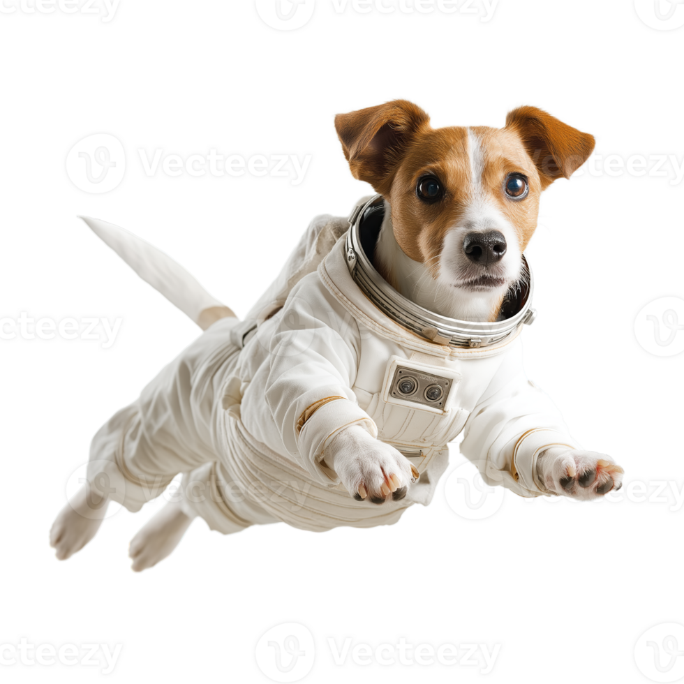 Canine Astronaut Floating in Zero Gravity Space Scene with Planets, Isolated on Transparent Background png