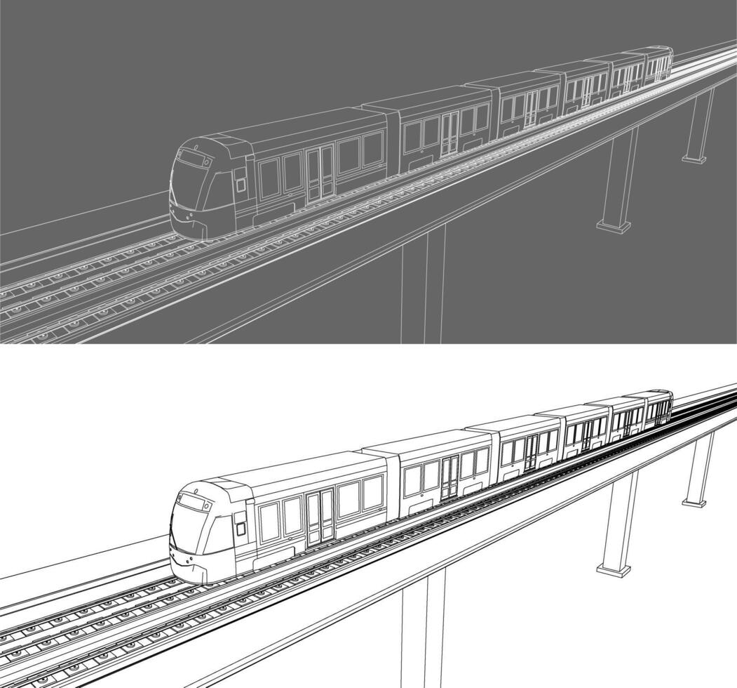 Light Rail Transit LRT Line Drawing on Elevated Track vector