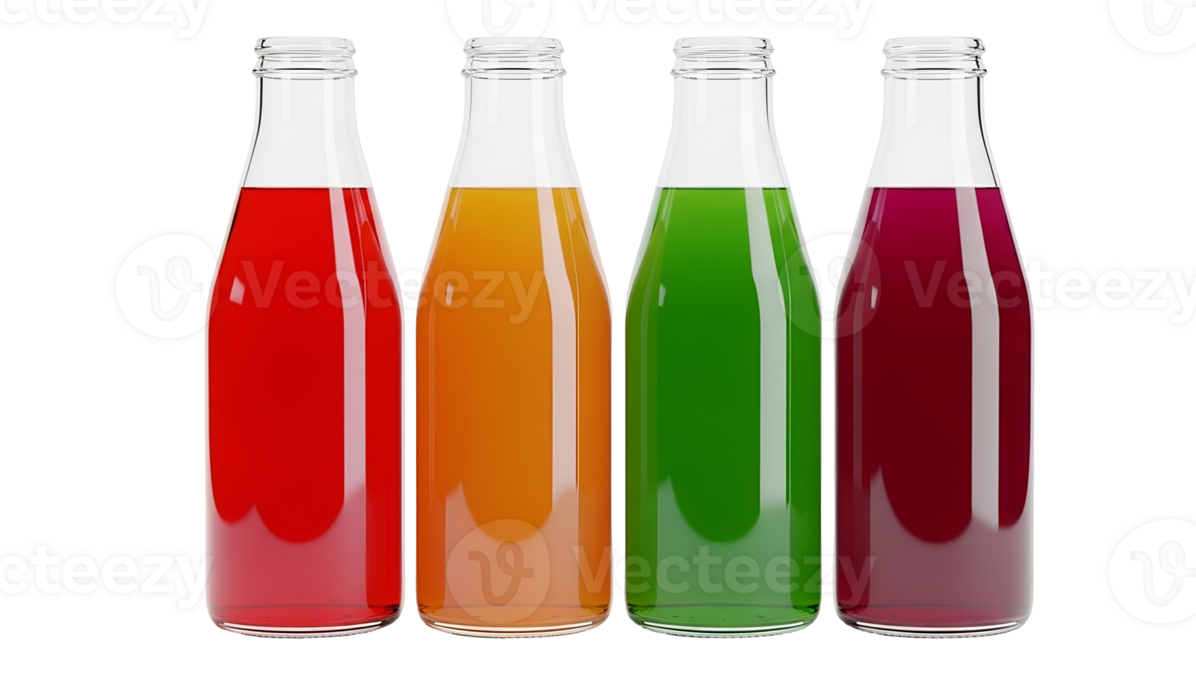 Assorted Colorful Juice Bottles in a Row on Transparent Background png