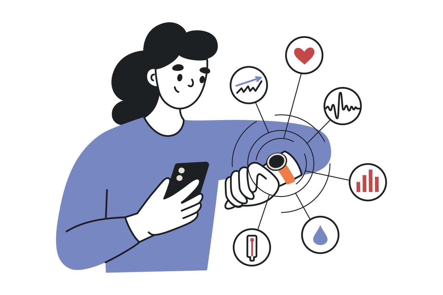Woman using smartwatch and holding smartphone, smart watch flat cartoon illustration for health, fitness and technology design, wearable device showing pulse, temperature, ECG and data charts vector