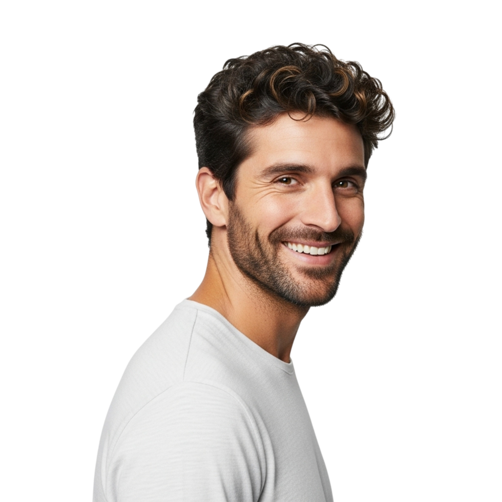 lado perfil uma sorridente homem com encaracolado Sombrio cabelo isolado em transparente fundo png