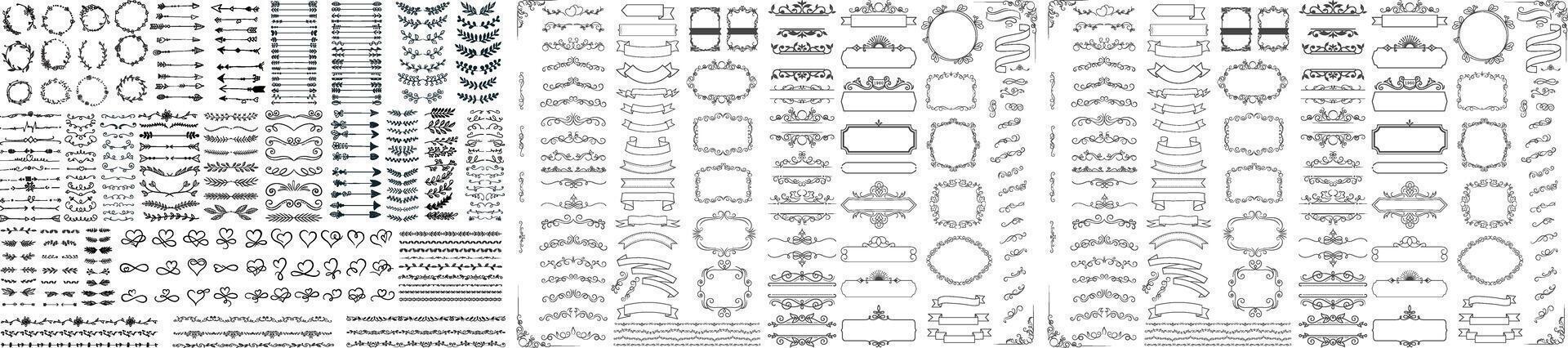 Vintage calligraphic elements. Decorative frames, flourish dividers, borders. Beautiful swirls, sinks decorated with motifs and scrolls. Circle, square vector