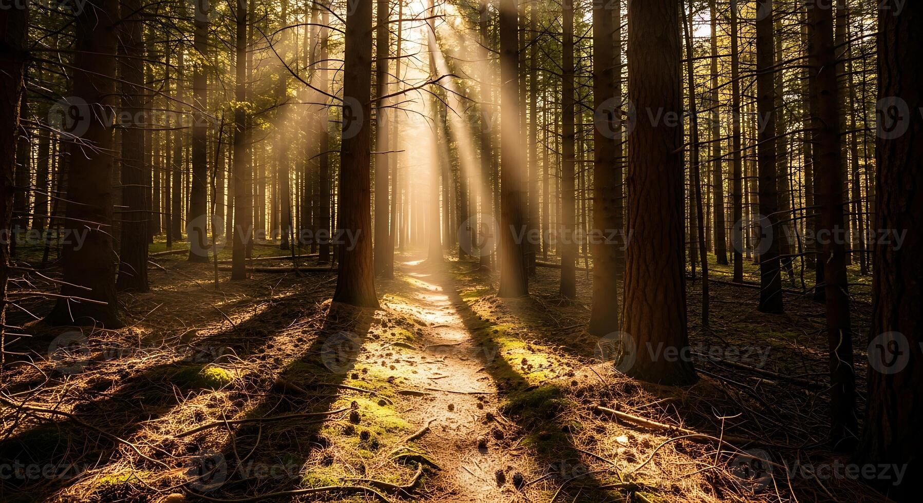 Sunlight Rays Filtering Through Tall Pine Trees in a Forest Path photo