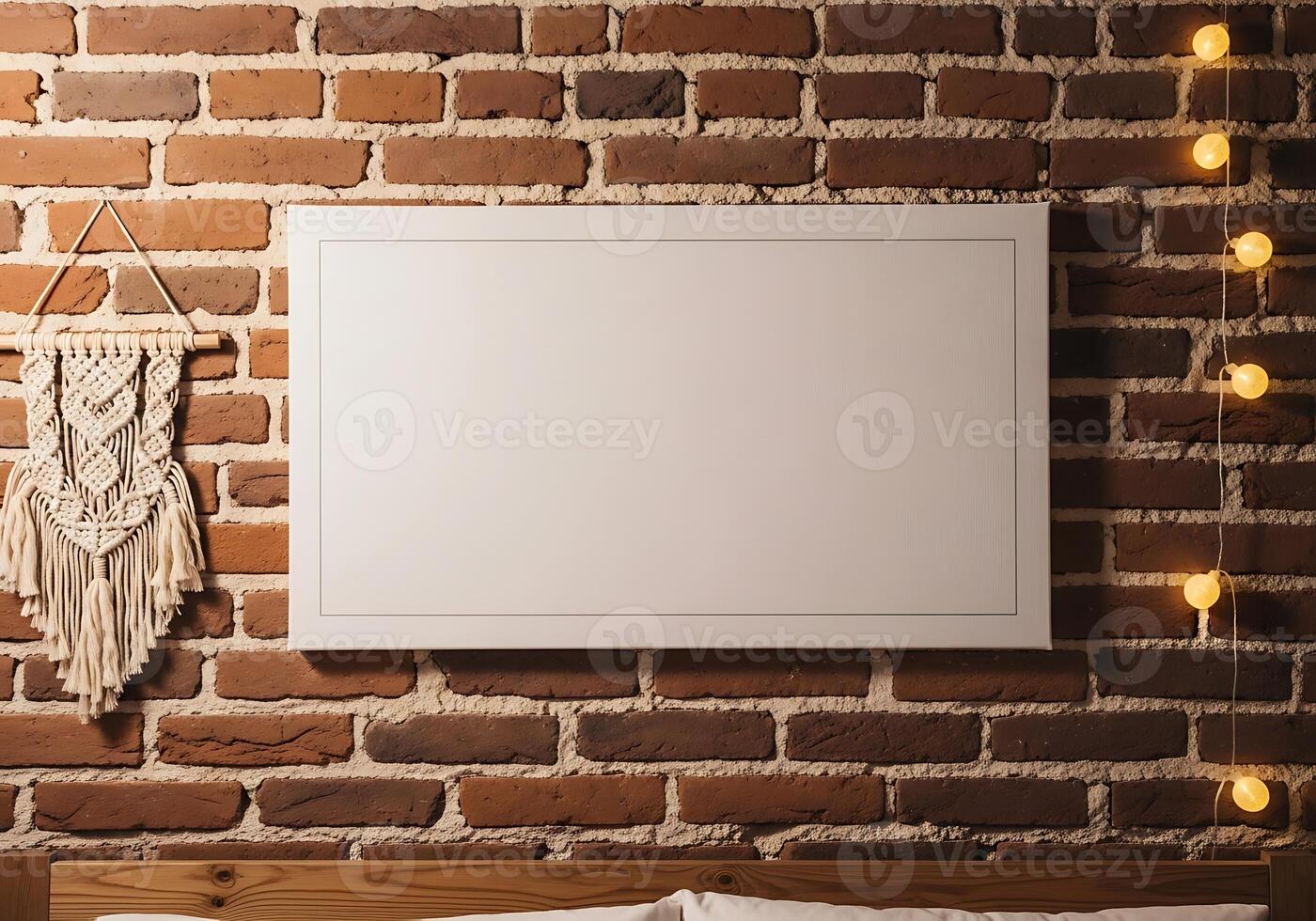 White Frame Mockup on Red Brick Wall with Macrame and String Lights for Art Photography or Design Presentation photo