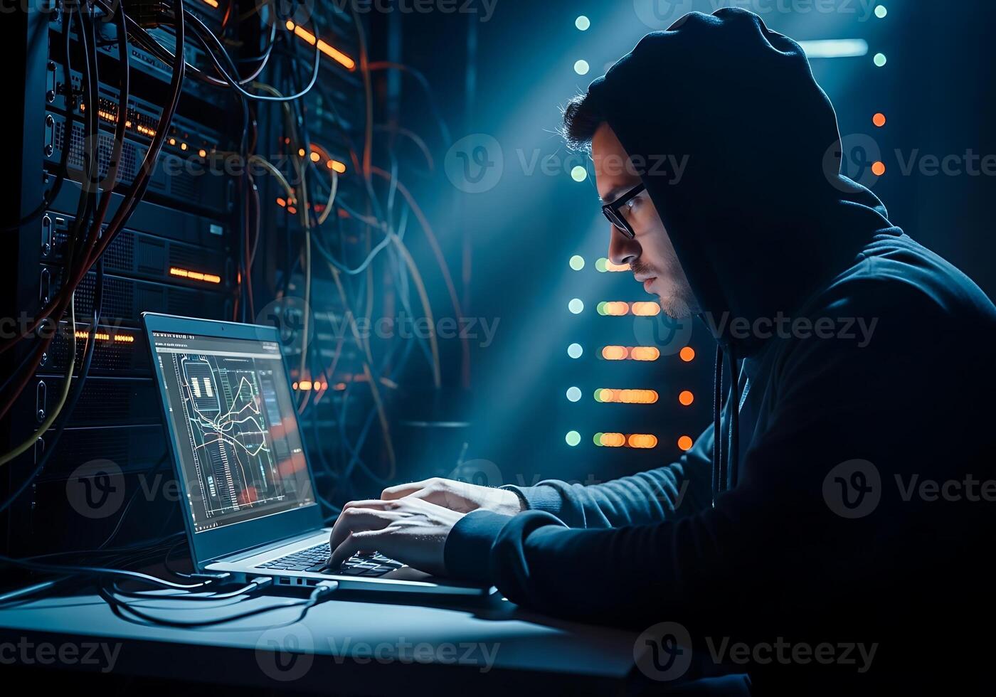 Hacker in a dark room using a laptop to access a secure server photo