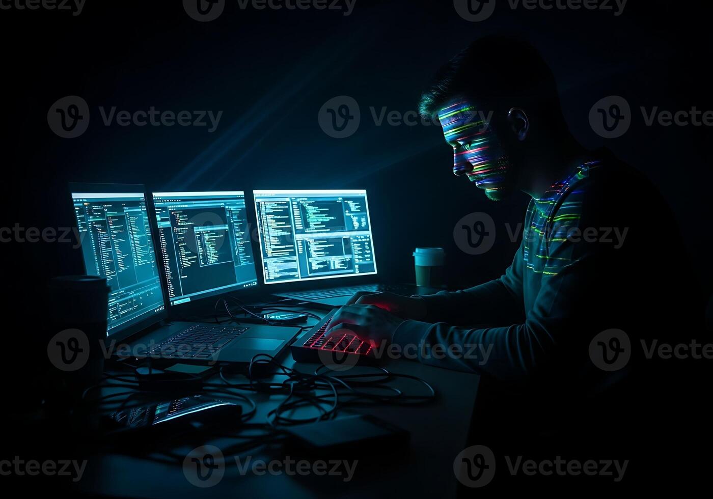 hacker trabajando en computadora con múltiple pantallas en oscuro habitación foto