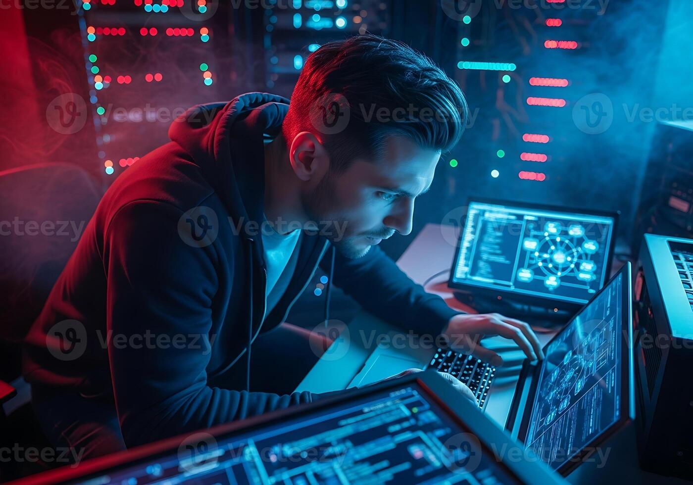 Hacker working on computer in dark room with multiple screens photo