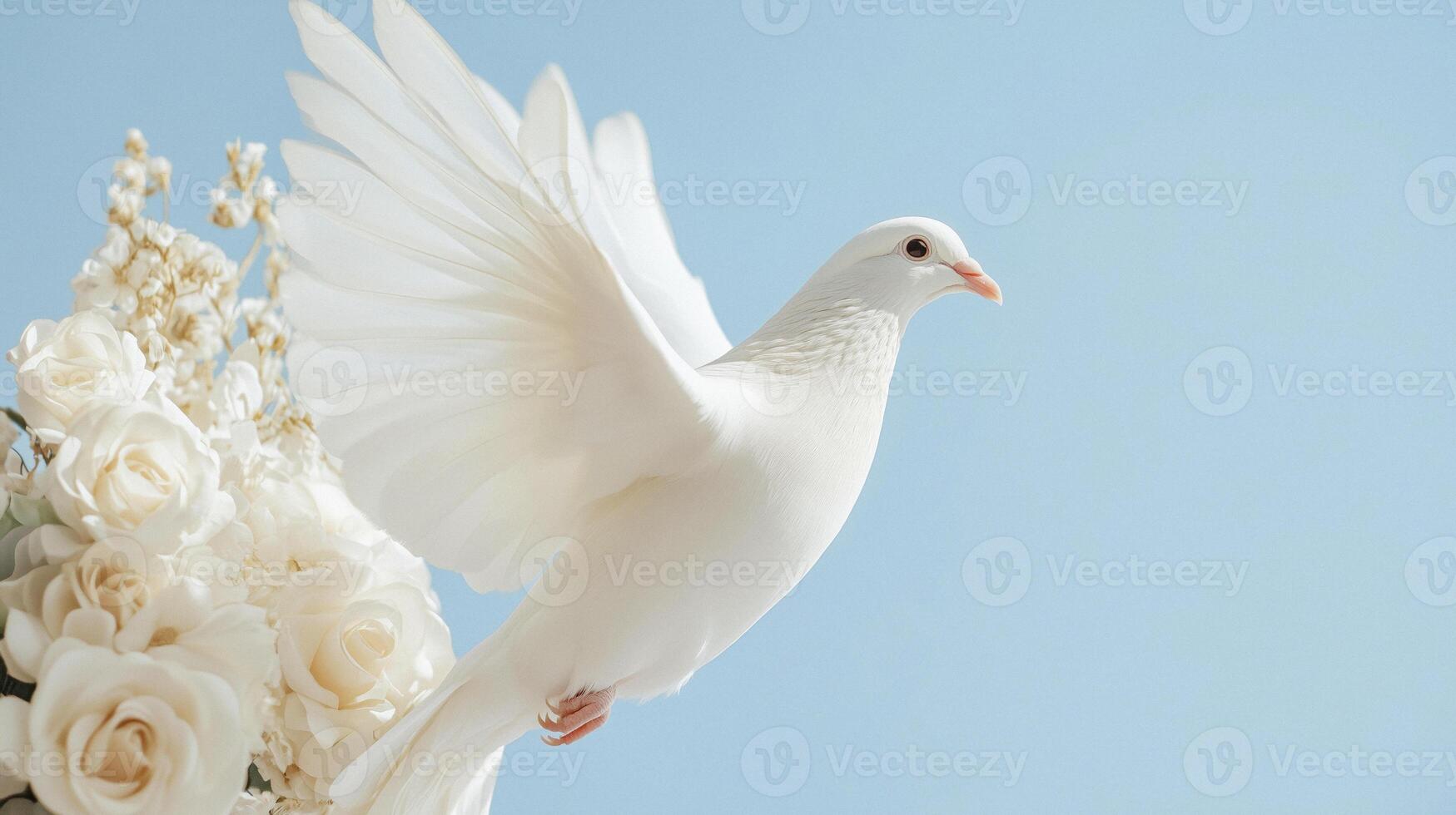 White dove soaring in clear blue sky with soft clouds and open space for memorial message photo