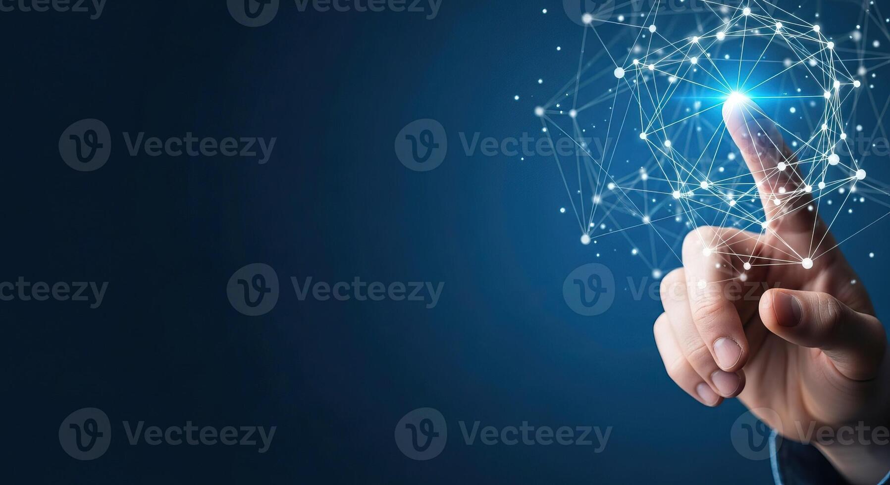 Hand Touching a Digital Network Connection of Glowing Nodes and Lines Representing Global Connectivity and Technology photo