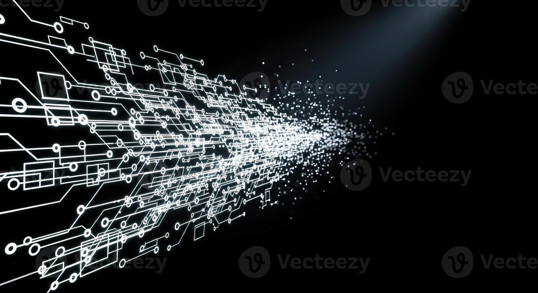 Abstract Digital Circuitry with Glowing Data Streams on Black Background photo