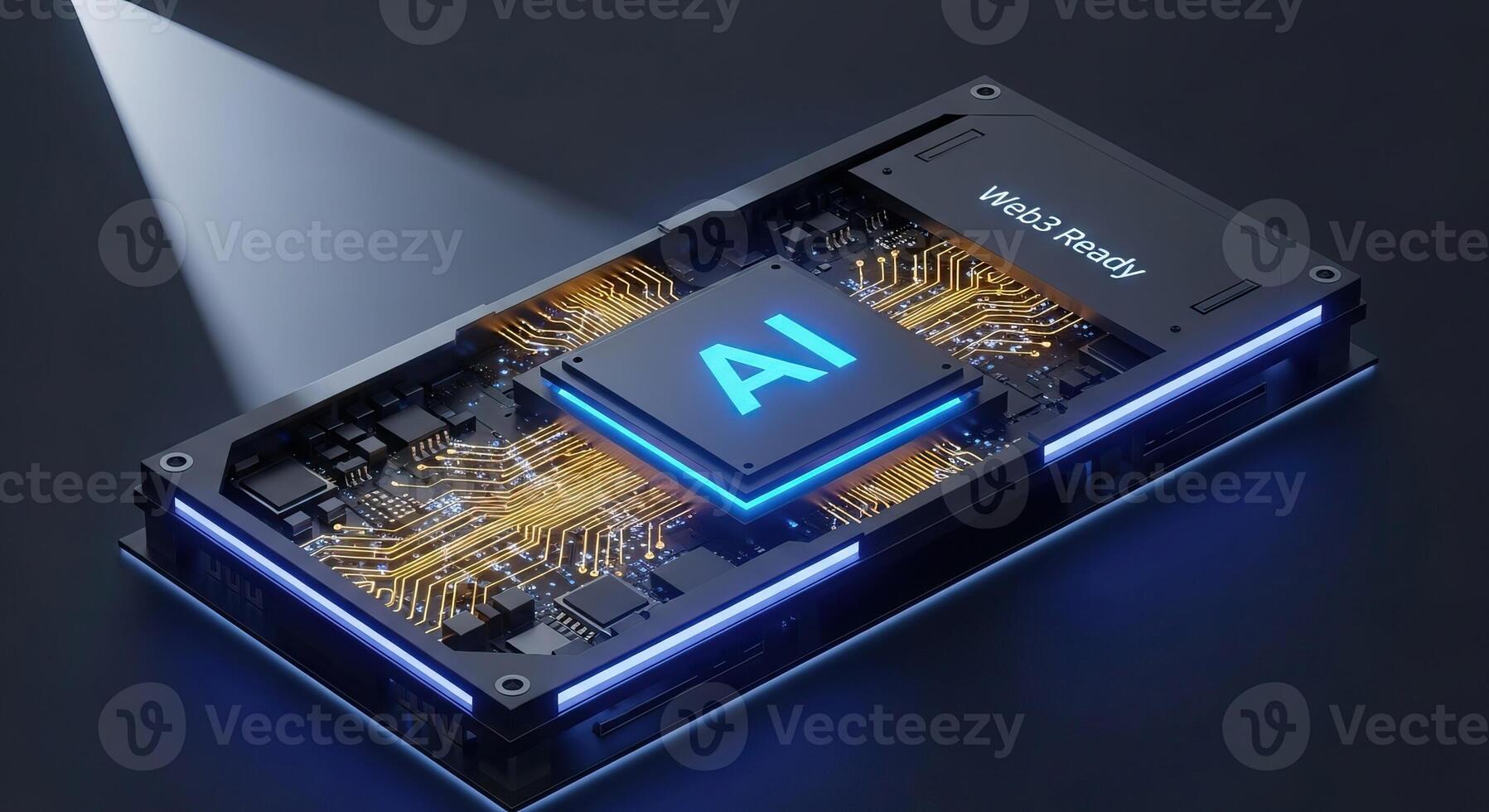 AI Chip with Web3 Ready Label on Circuit Board Artificial Intelligence Technology photo