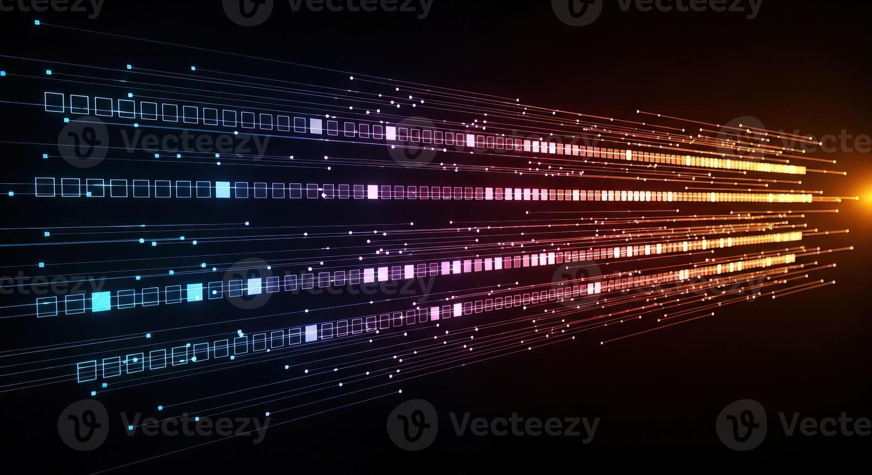 Abstract Digital Data Stream Flowing Fast with Glowing Particles and Squares on Dark Background Futuristic Technology Concept photo