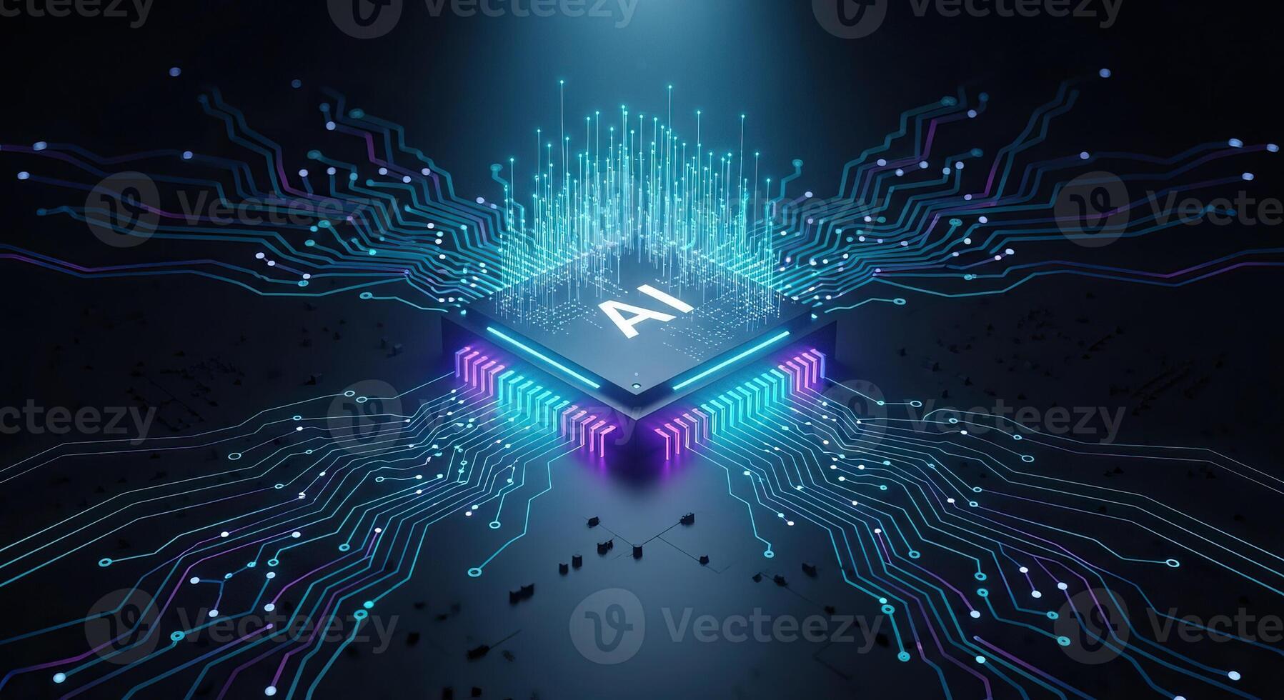 AI Microchip Brain Futuristic Artificial Intelligence Circuit Board with Glowing Data Streams photo