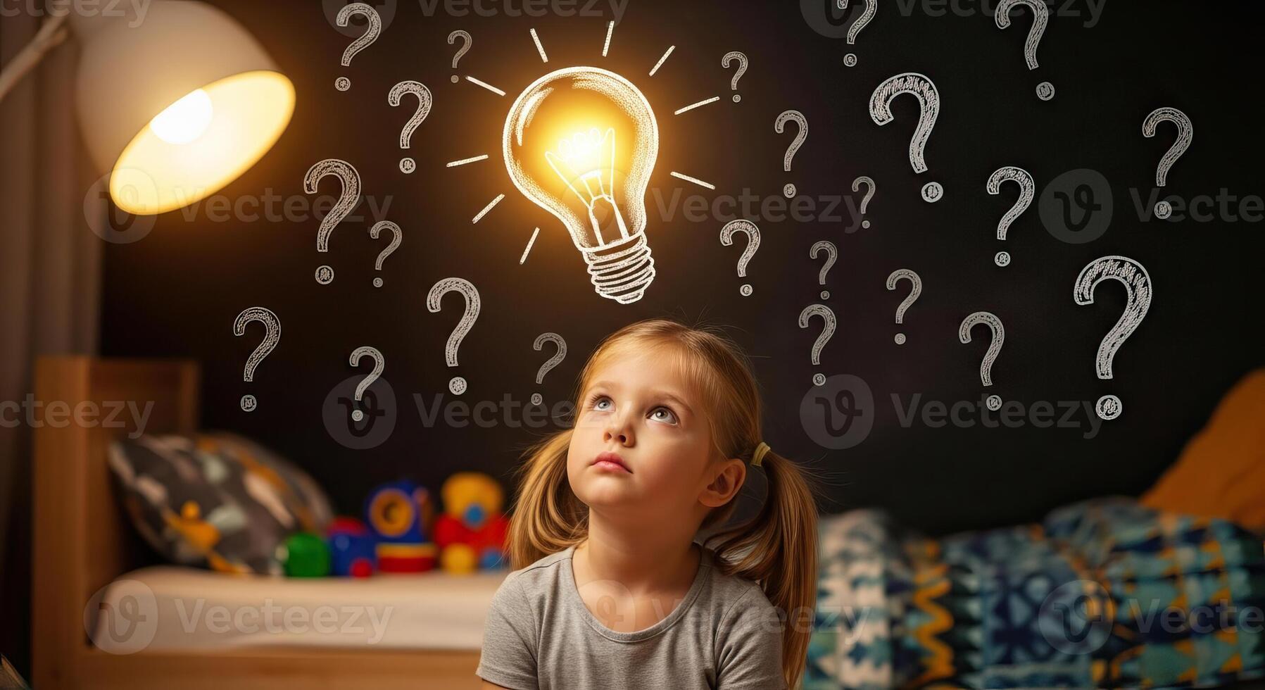 Child with Lightbulb Idea Over Head Surrounded by Question Marks Creativity Problem Solving Curiosity photo