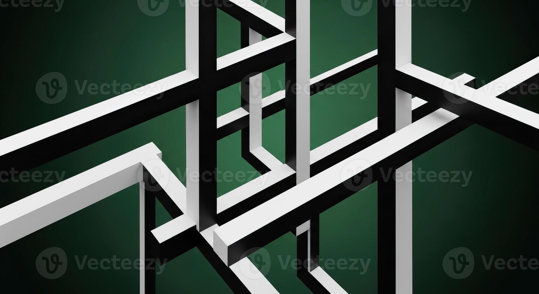 Futuristic Abstract Geometry Interlocking White and Black Beams Creating an Optical Illusion on a Dark Green Background photo