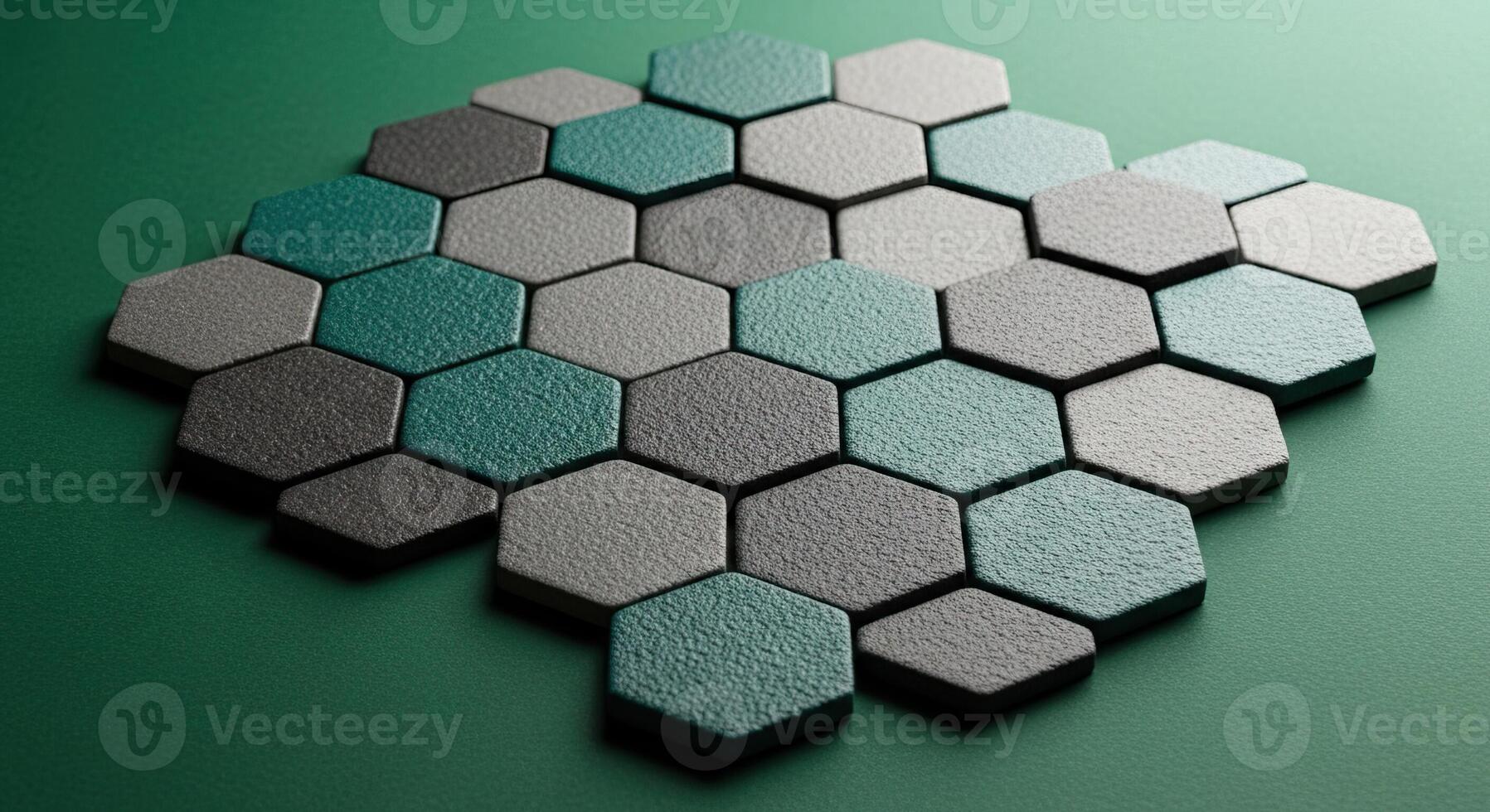 Modern Teal and Grey Hexagonal Tile Pattern on Green Background Abstract Geometric Texture Design photo