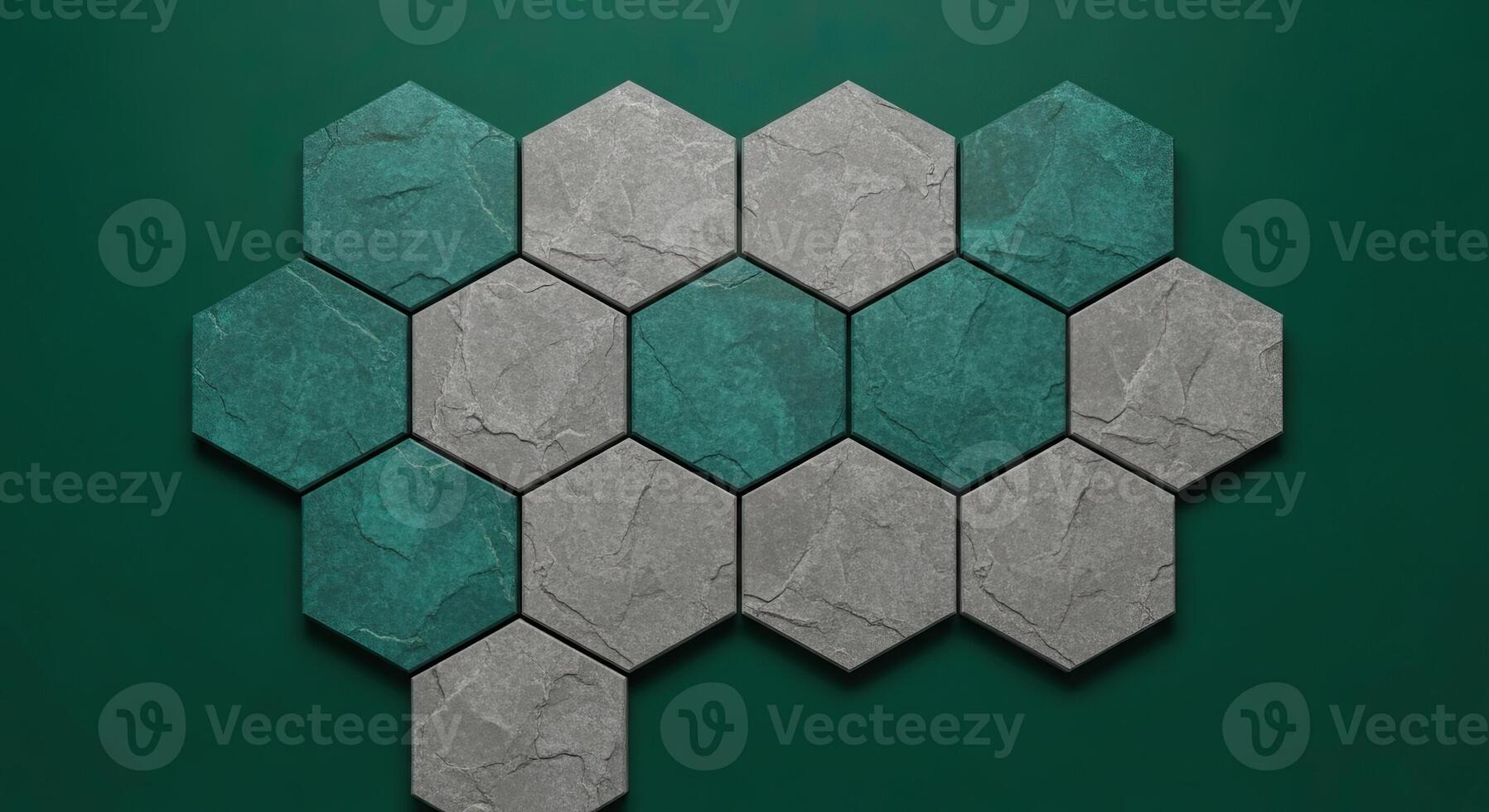 Modern Hexagonal Stone Tiles Pattern in Teal and Gray on Dark Green Background Abstract Geometric Design photo