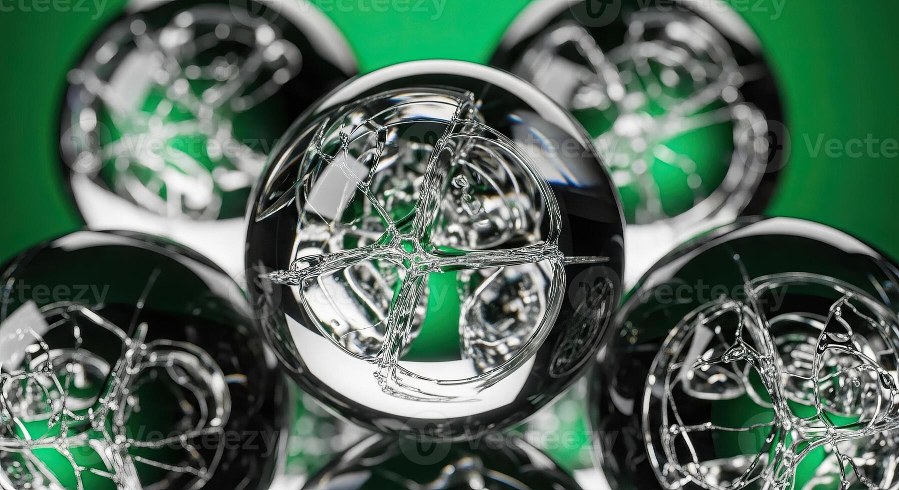 Abstract Transparent Orbs with Intricate Web like Structures on a Vibrant Green Background Modern Science Technology Concept photo
