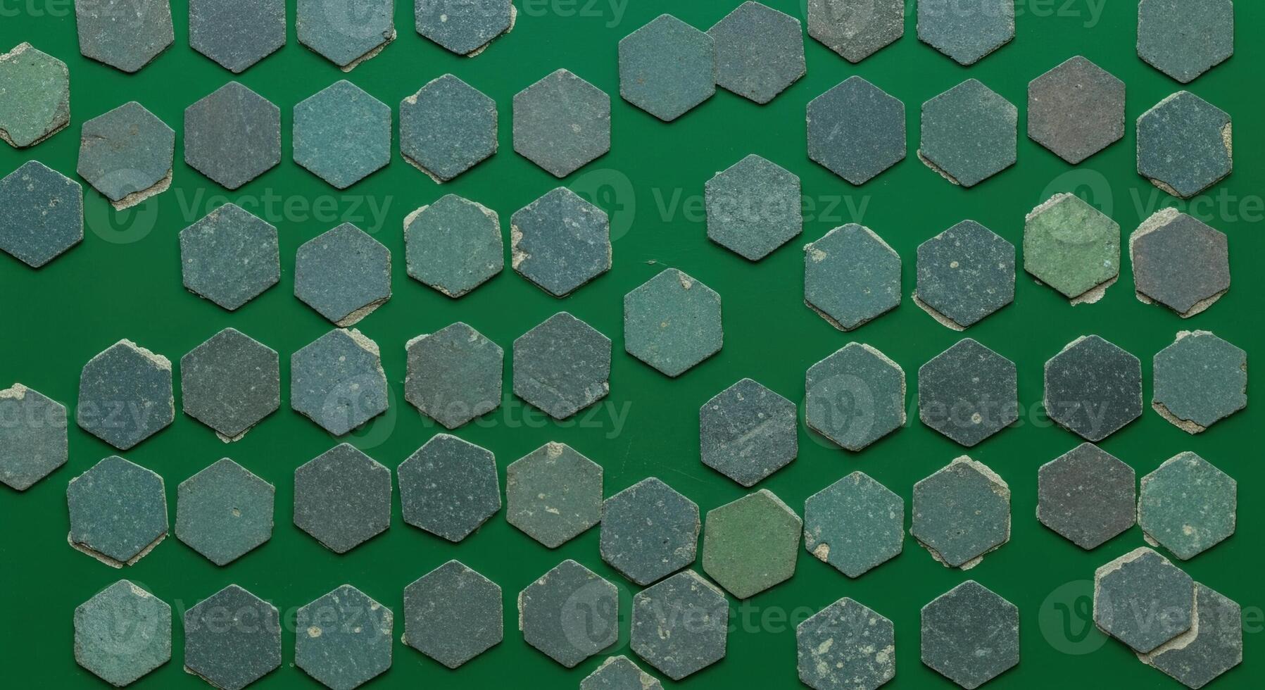 Grungy Hexagon Stone Tiles Pattern on Vibrant Green Background Textured Abstract Design photo