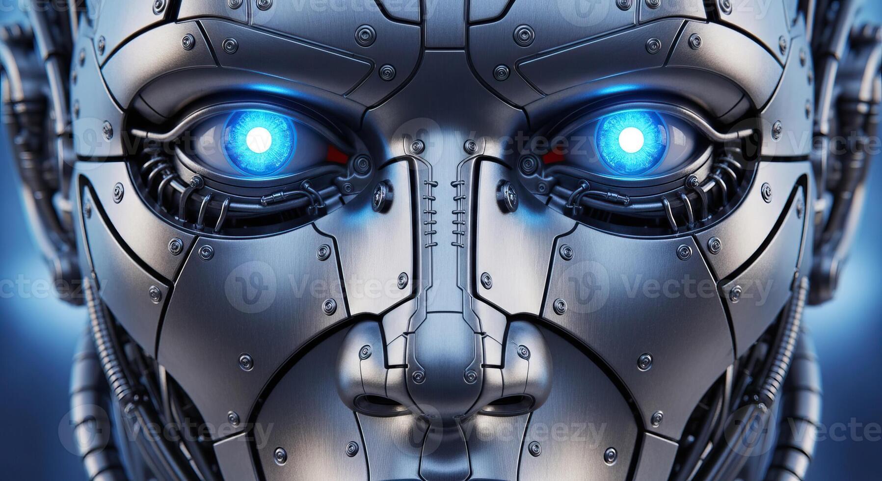 Futuristic AI Robot Head with Glowing Blue Eyes Advanced Cybernetic Android Face Close up for Technology Concepts photo