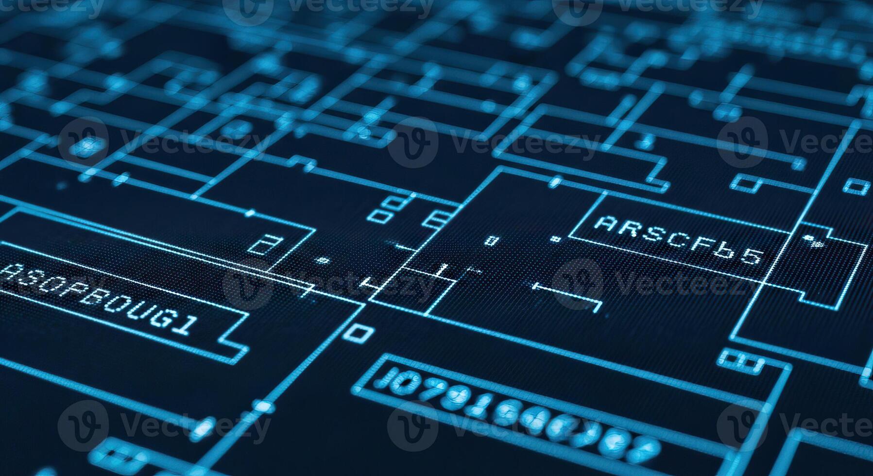 Abstract Blue Circuit Board with Data and Code High Tech Background photo