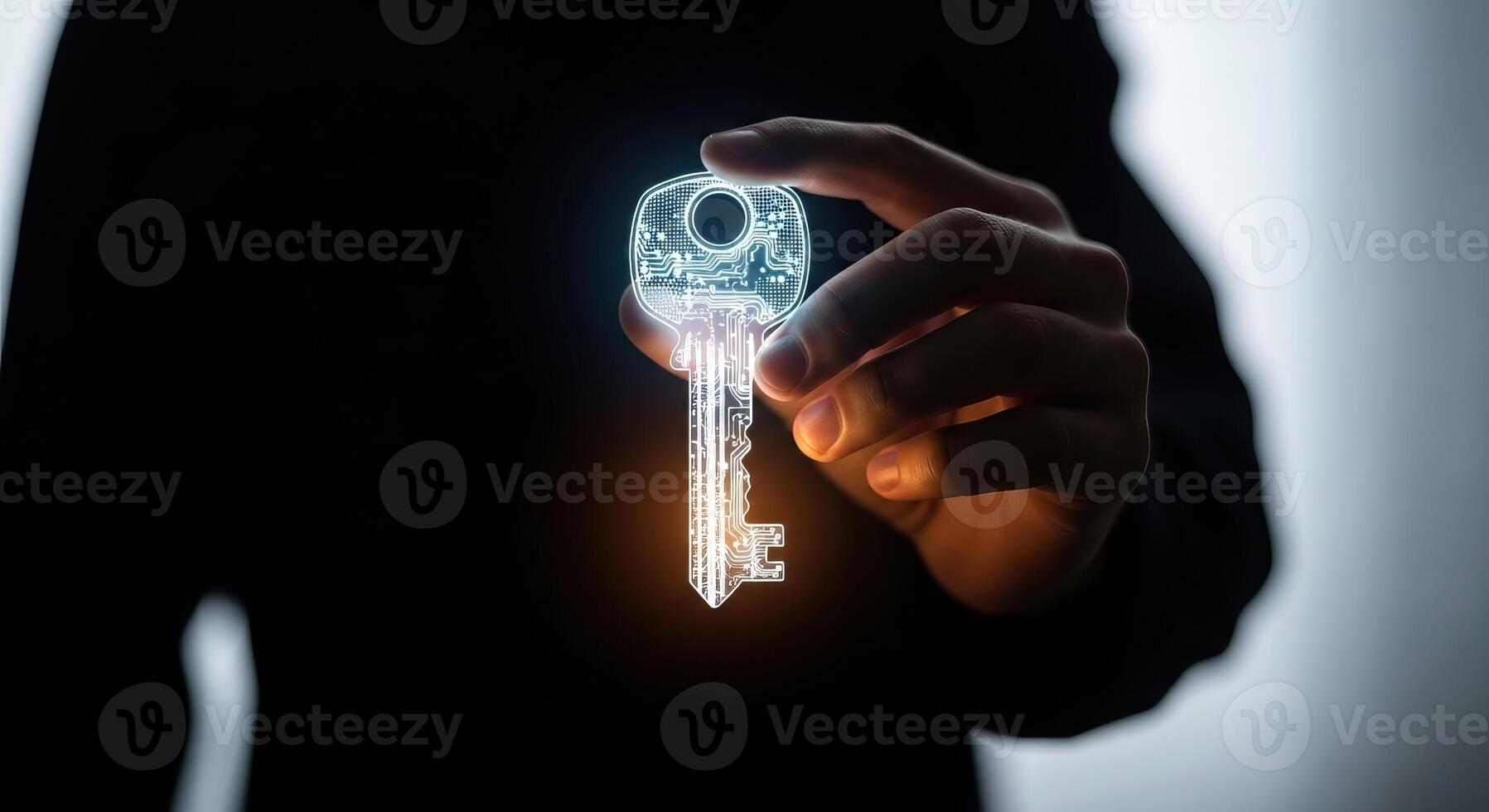 Digital Key in Hand Cybersecurity Technology Data Encryption Access Protection Concept photo