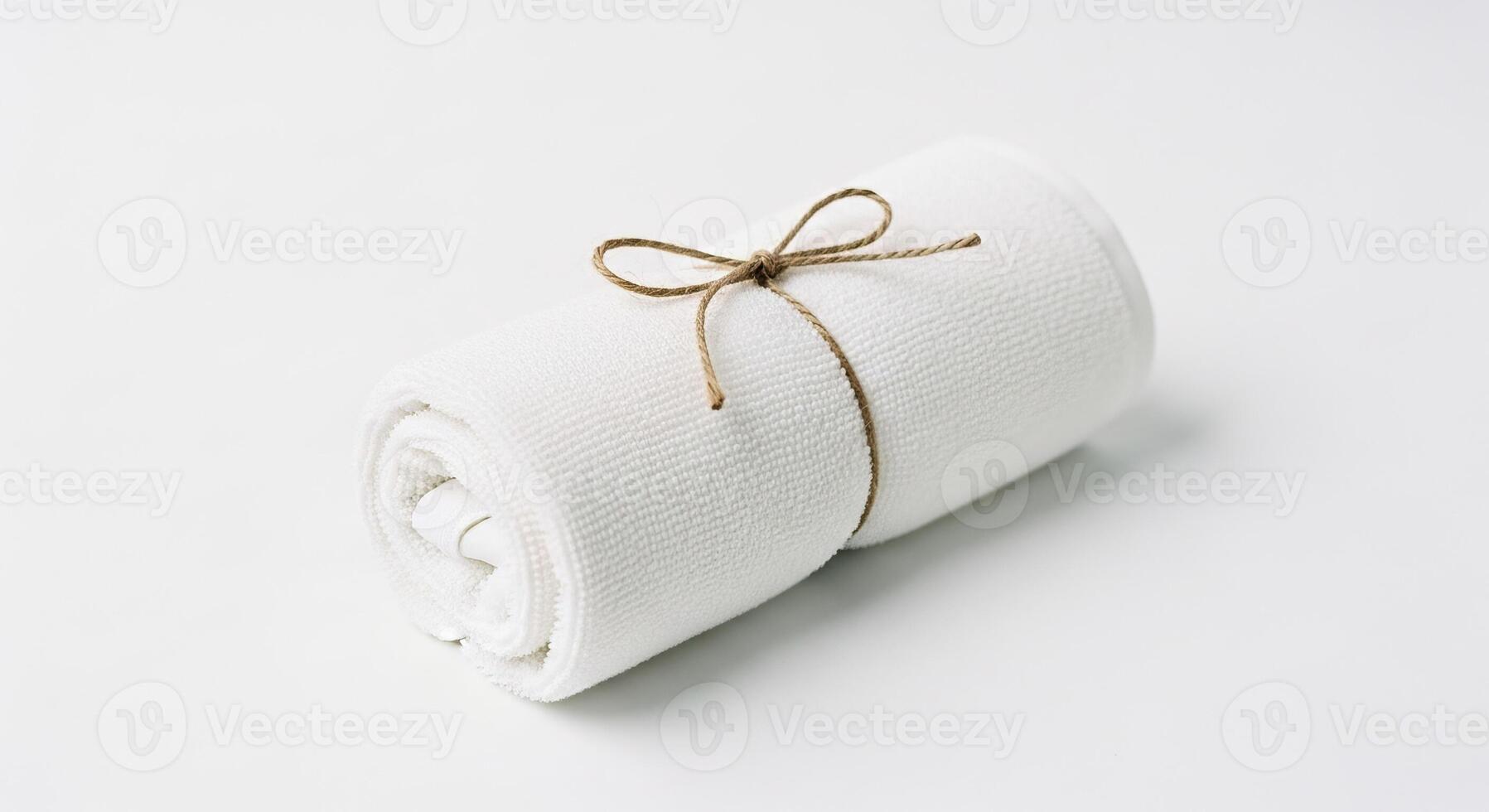 Rolled White Towel with Brown String on White Background for Product Mockups and Spa Concepts photo