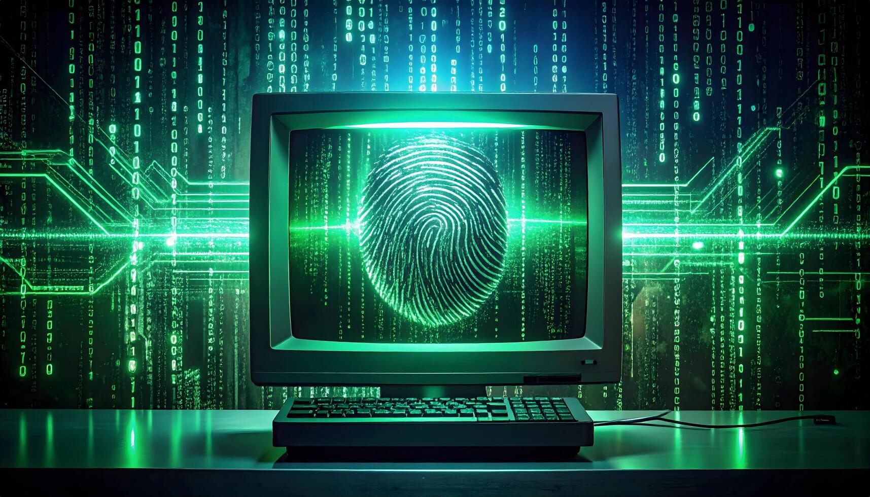 dark, intense photorealistic image of a retro computer monitor displaying a glowing fingerprint photo