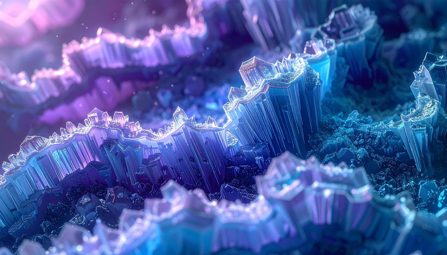 Extreme macro photograph of vivid, glowing ice or crystal structures with sharp edges and bokeh photo