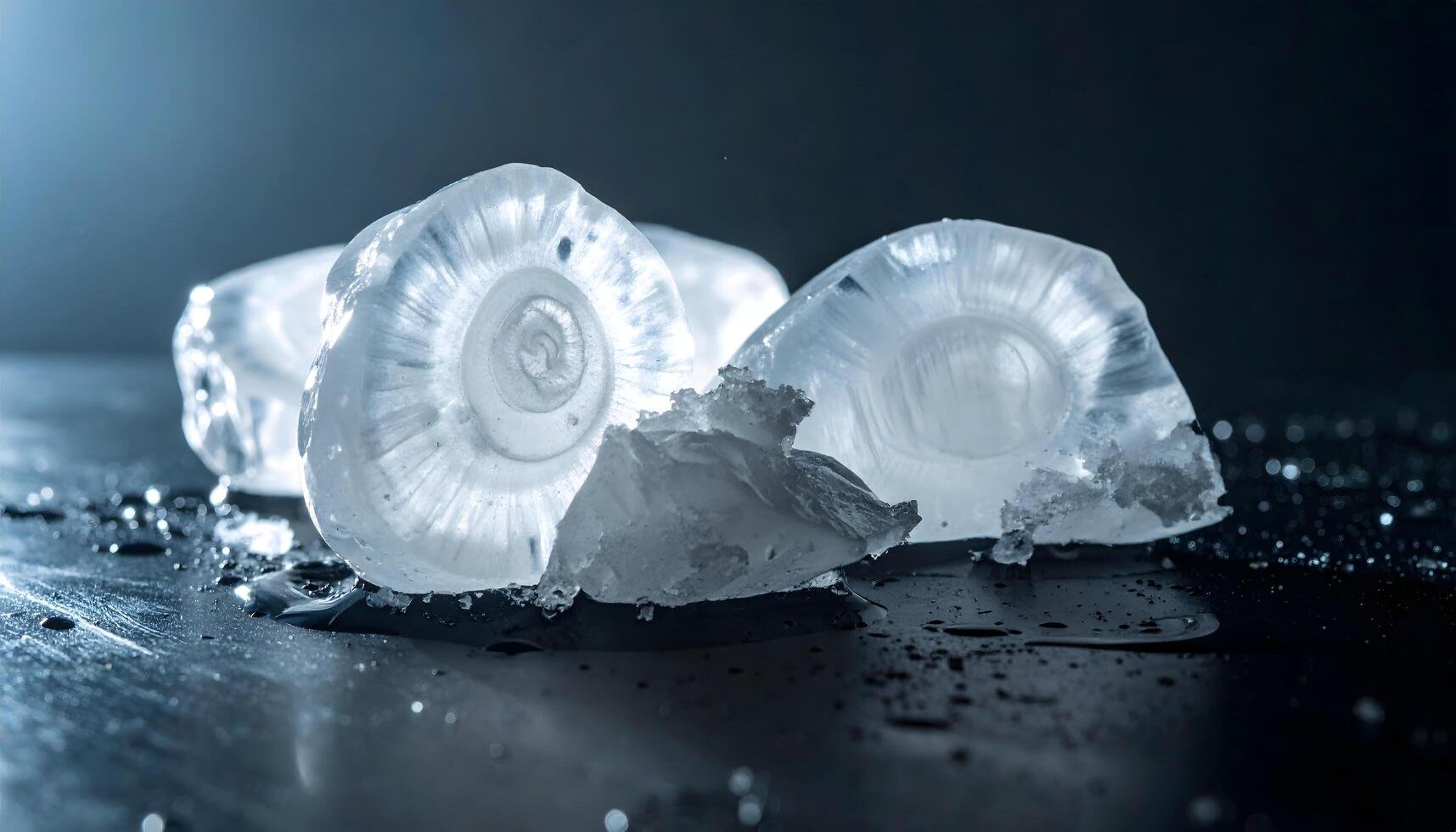 Scientific hyper-macro photograph of several unusually large hailstones showing distinct internal growth layers. photo