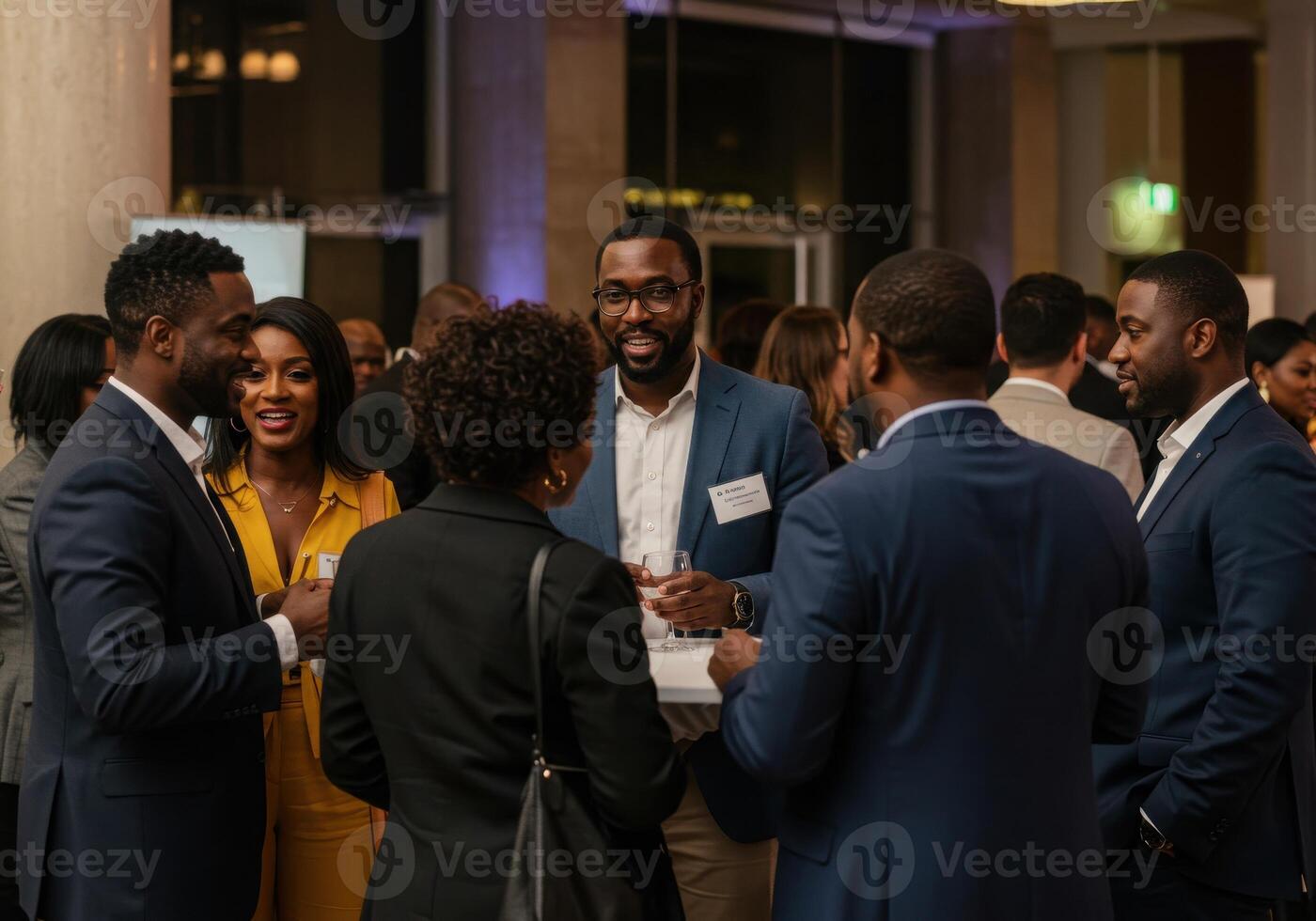 Diverse professionals networking and engaging in lively conversation at an elegant evening event, fostering connections and collaboration. photo