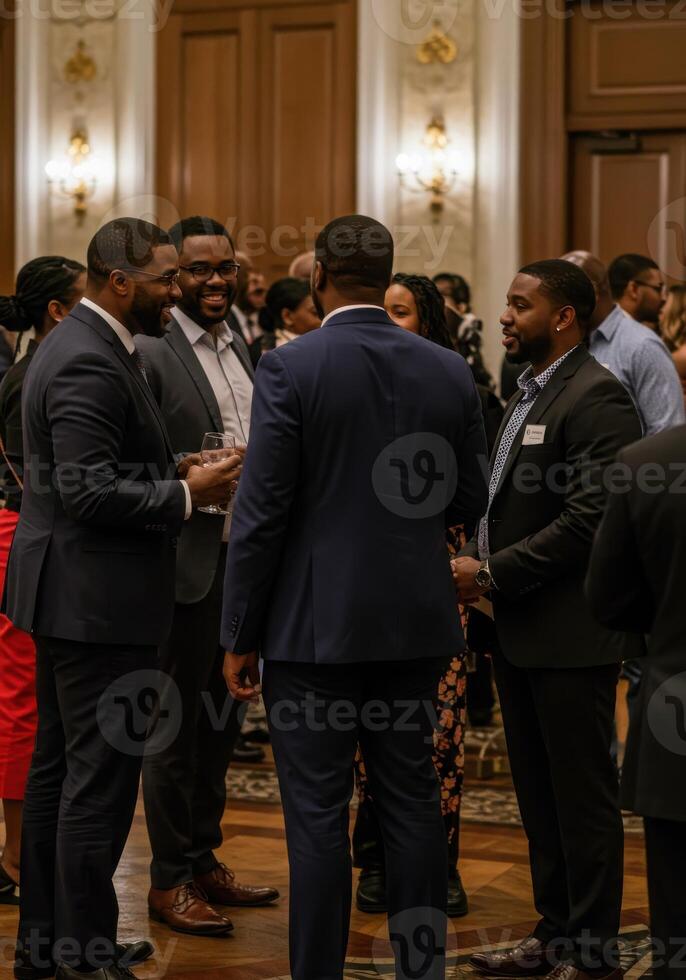 Diverse professionals confidently networking and discussing ideas at an elegant evening gala event, fostering connections and collaboration. photo