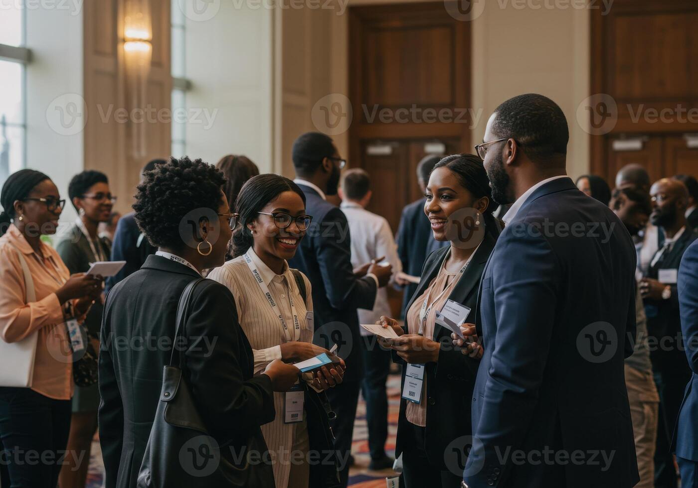 Diverse professionals networking and connecting during a vibrant business conference creating opportunities for growth and collaboration photo