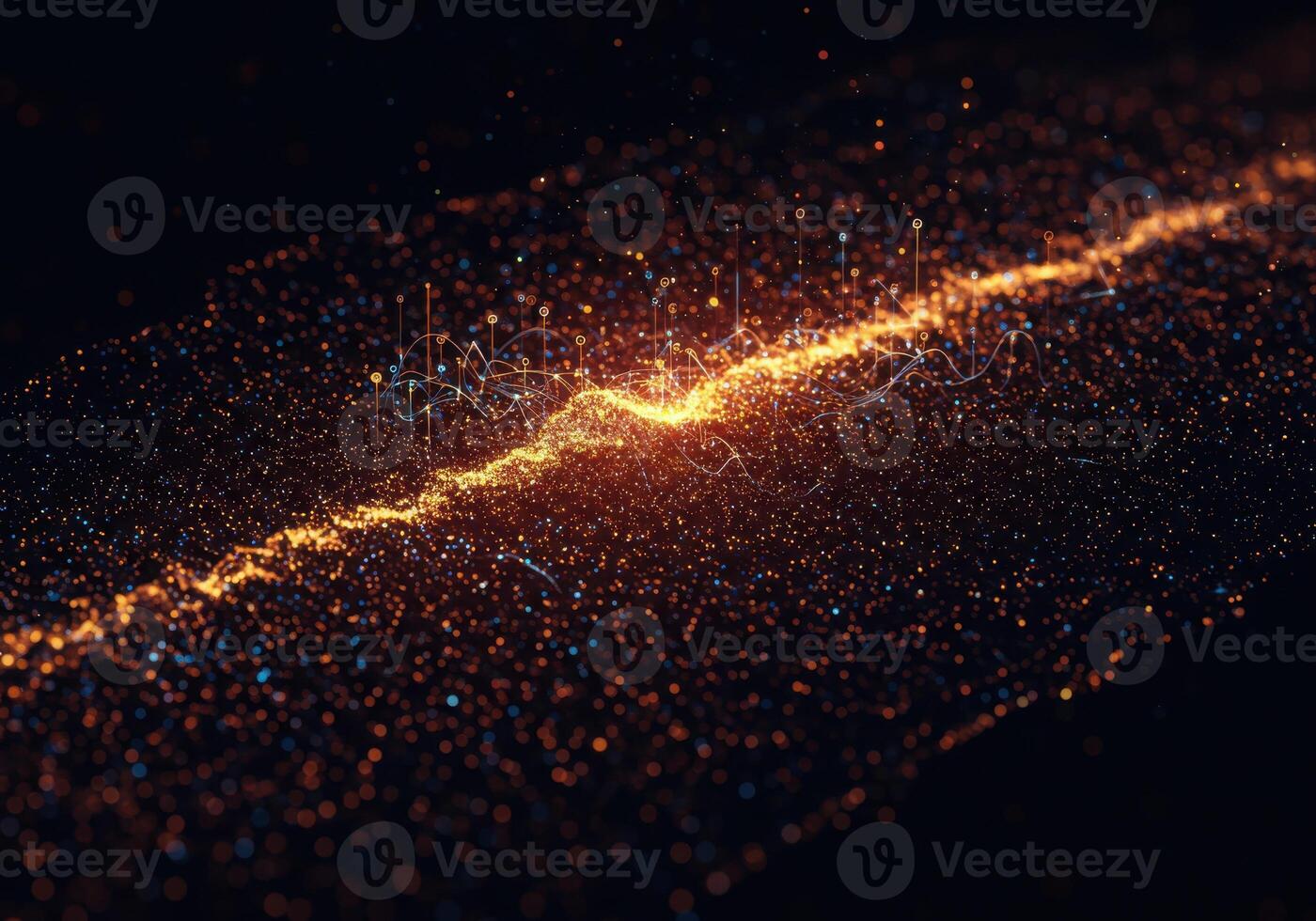 Dynamic data visualization with glowing particles and abstract flowing lines, representing digital networks and information flow in a futuristic concept. photo
