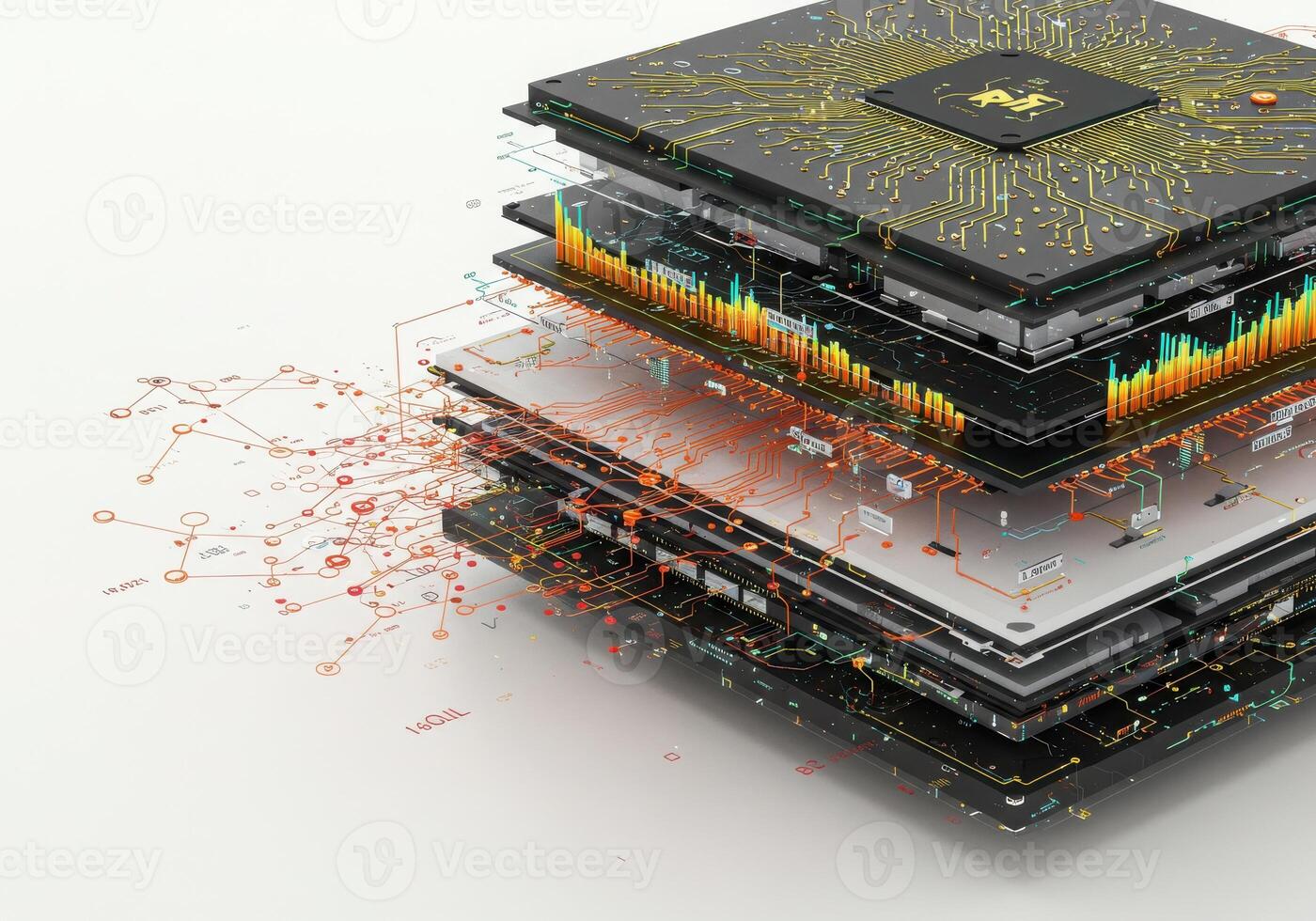 Stunning digital circuit board layers visualize complex data flow and technological innovation for modern industry presentations photo